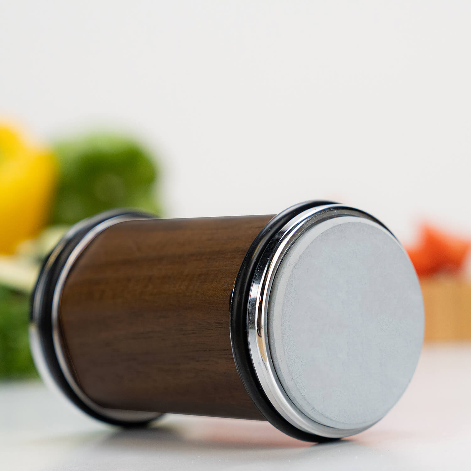 Rolling Knife Sharpener with Magnetic Base 4 Angles 15 18 20 22 Degrees Dark Wood Body on Kitchen Countertop