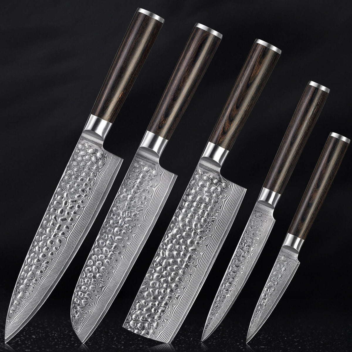 5-Piece Ronin Damascus Knife Set Hammered Japanese tsuchime Pakka Wood Handles Dark BG