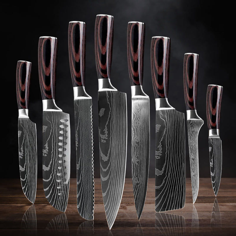 Senken Knives Imperial Kitchen Knife Set 8 piece Collection with Engraved Damascus Pattern