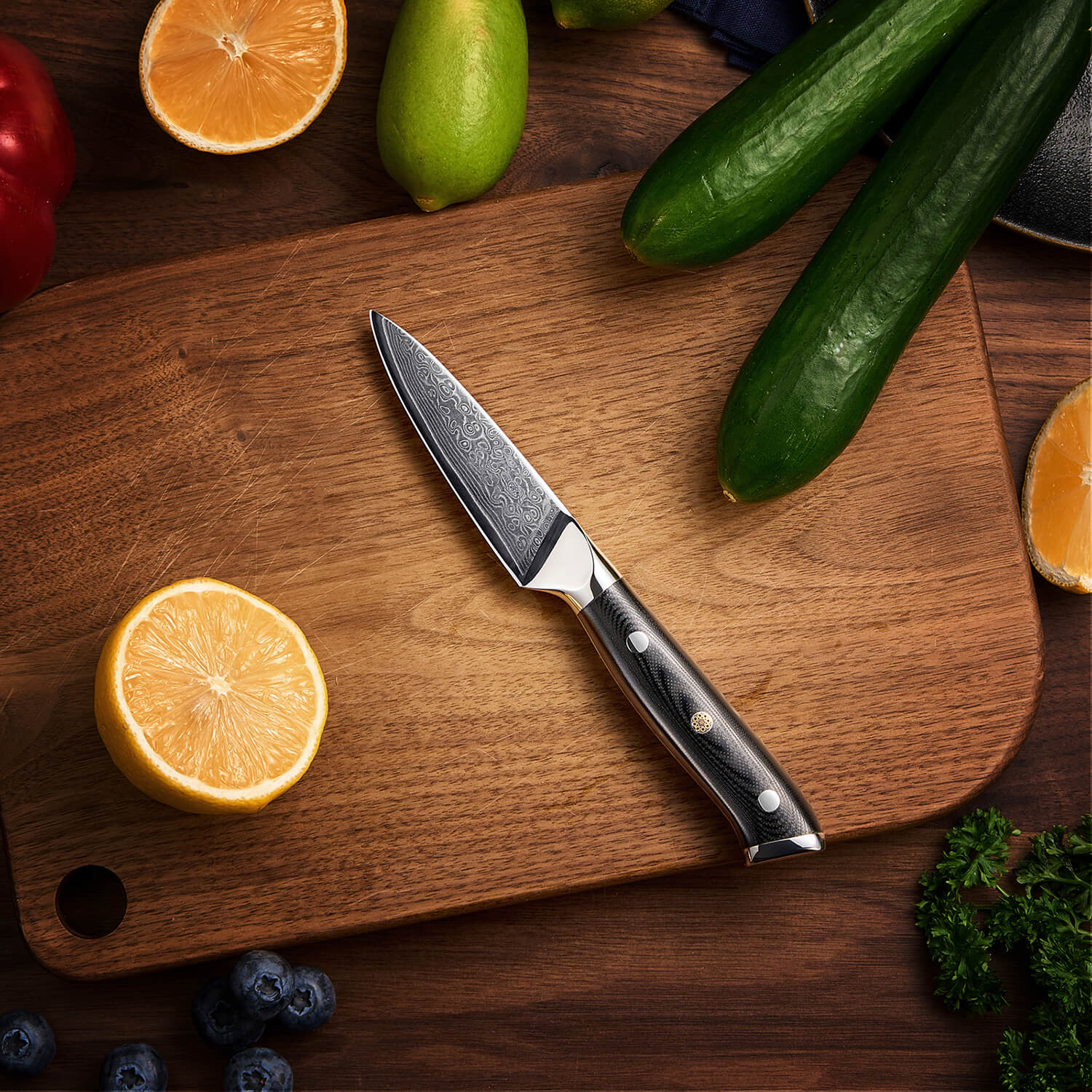 Shogun Damascus Paring Knife Black G10 Handle by Senken Knives Main Image Kitchen Lifestyle Image