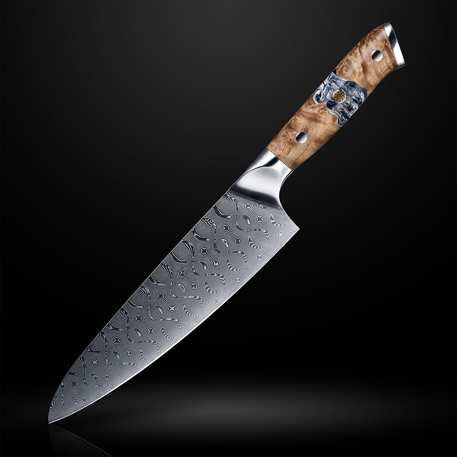 Tenjin 110 Layer Powder Damascus Steel Chef Knife with Burl Wood Resin Light Blue Pattern from Senken Knives