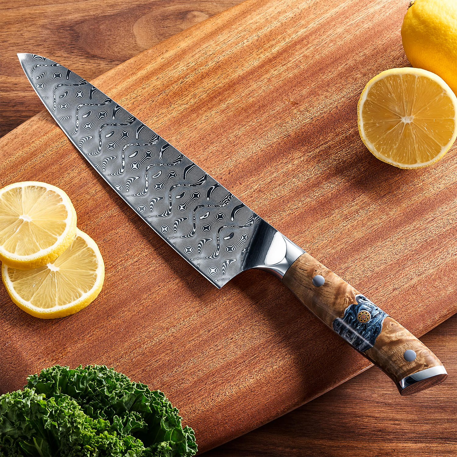 Tenjin Chef Knife Damascus Japanese Steel On Kitchen Counter