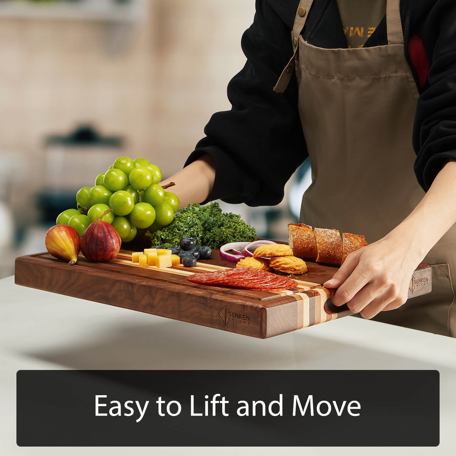 Triple-Wood XL Cutting Board with Handles — Walnut, Cherry & Maple Wood