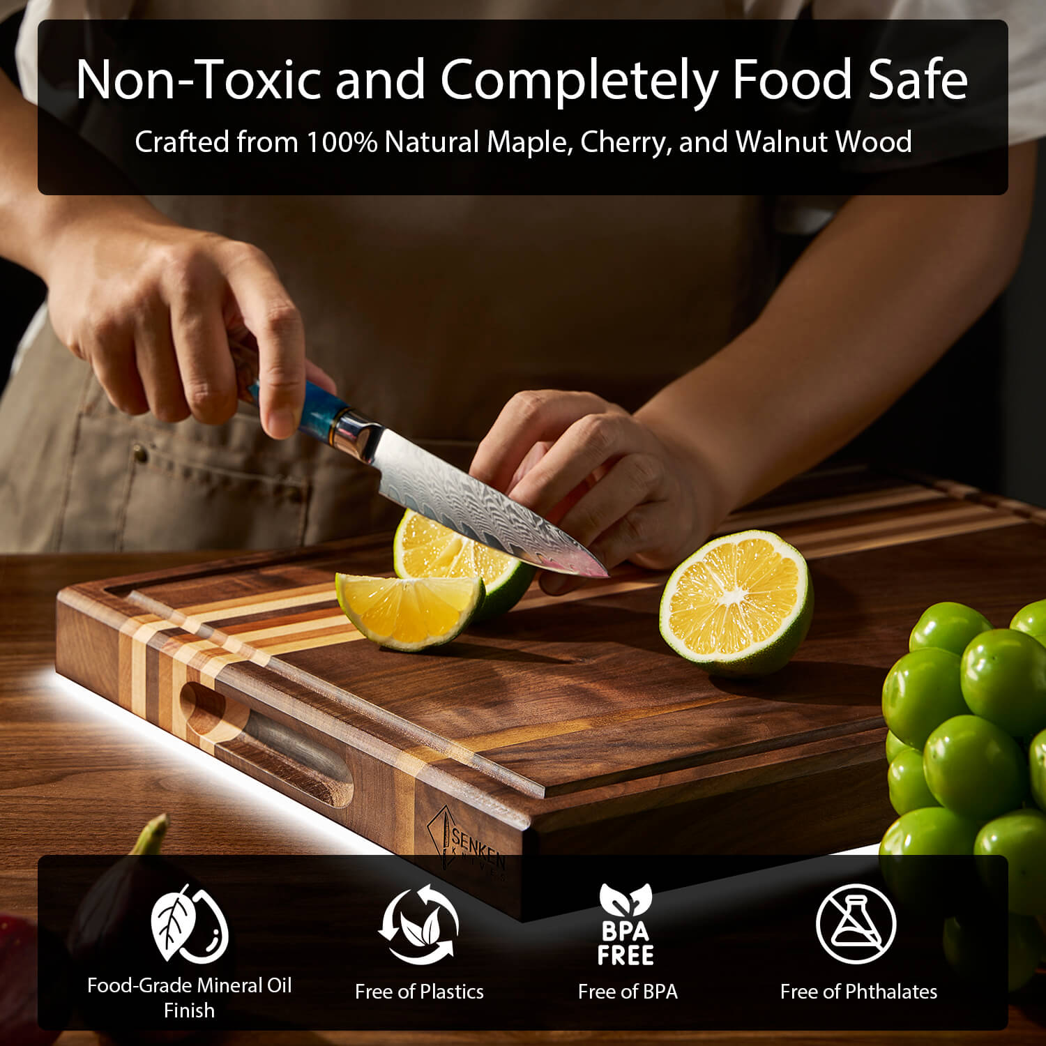 Triple-Wood XL Cutting Board with Handles — Walnut, Cherry & Maple Wood