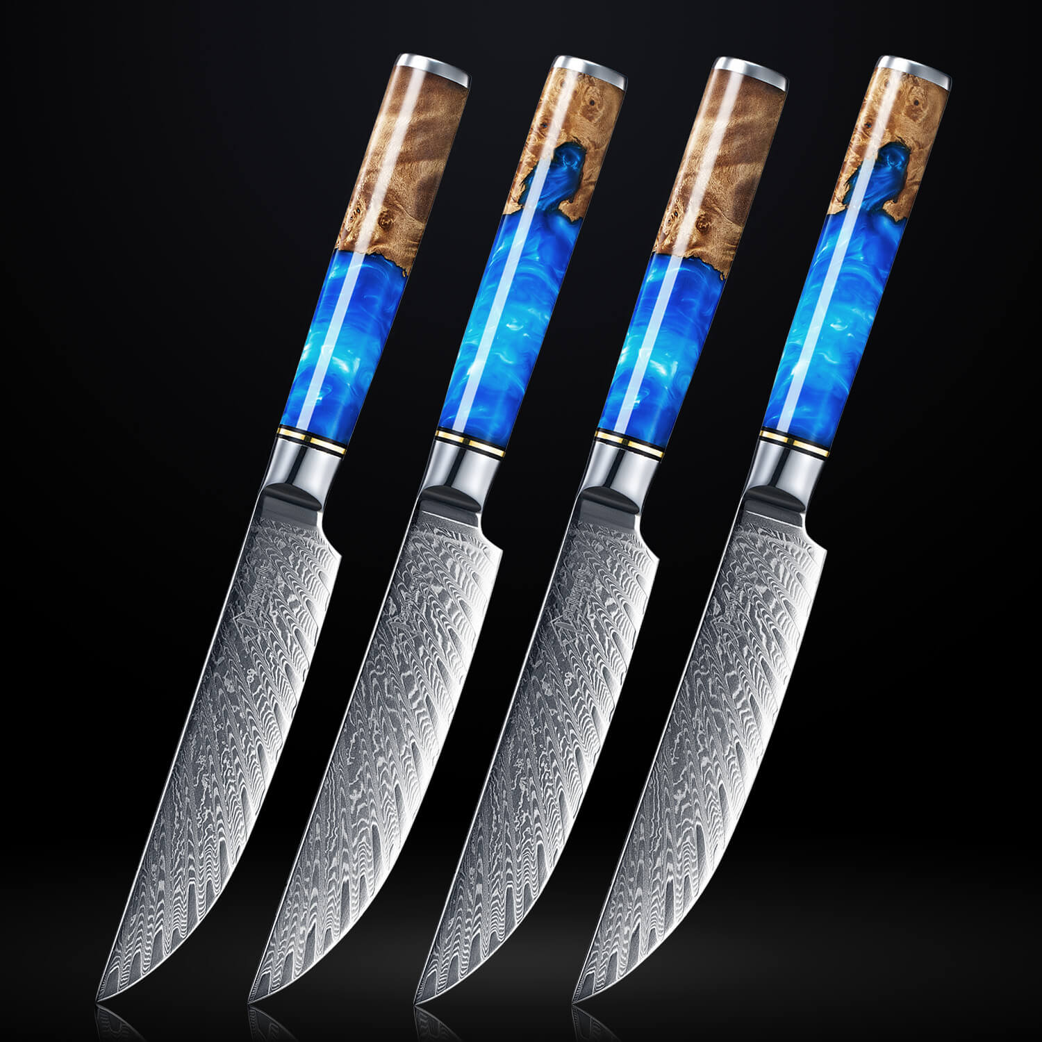Tsunami Steak Knife Set — Japanese VG10 Damascus Steel with Blue Resin