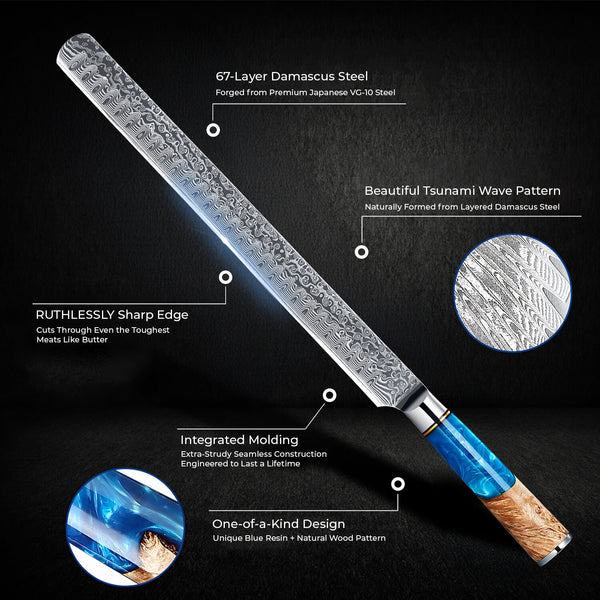 Tsunami Damascus Steel 12" Brisket Knife Japanese VG10 Steel Blue Resin Handle Senken Knives Item Infographic