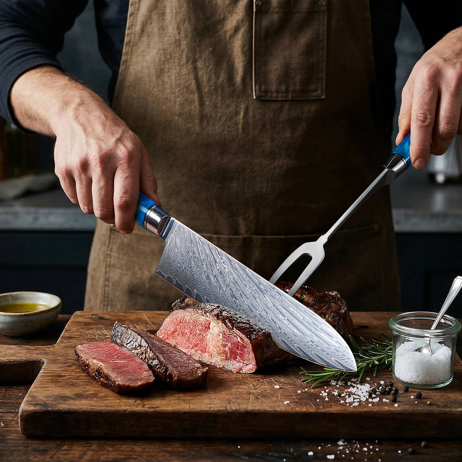Person cutting a steak with a knife on a wooden cutting board in a kitchen setting.