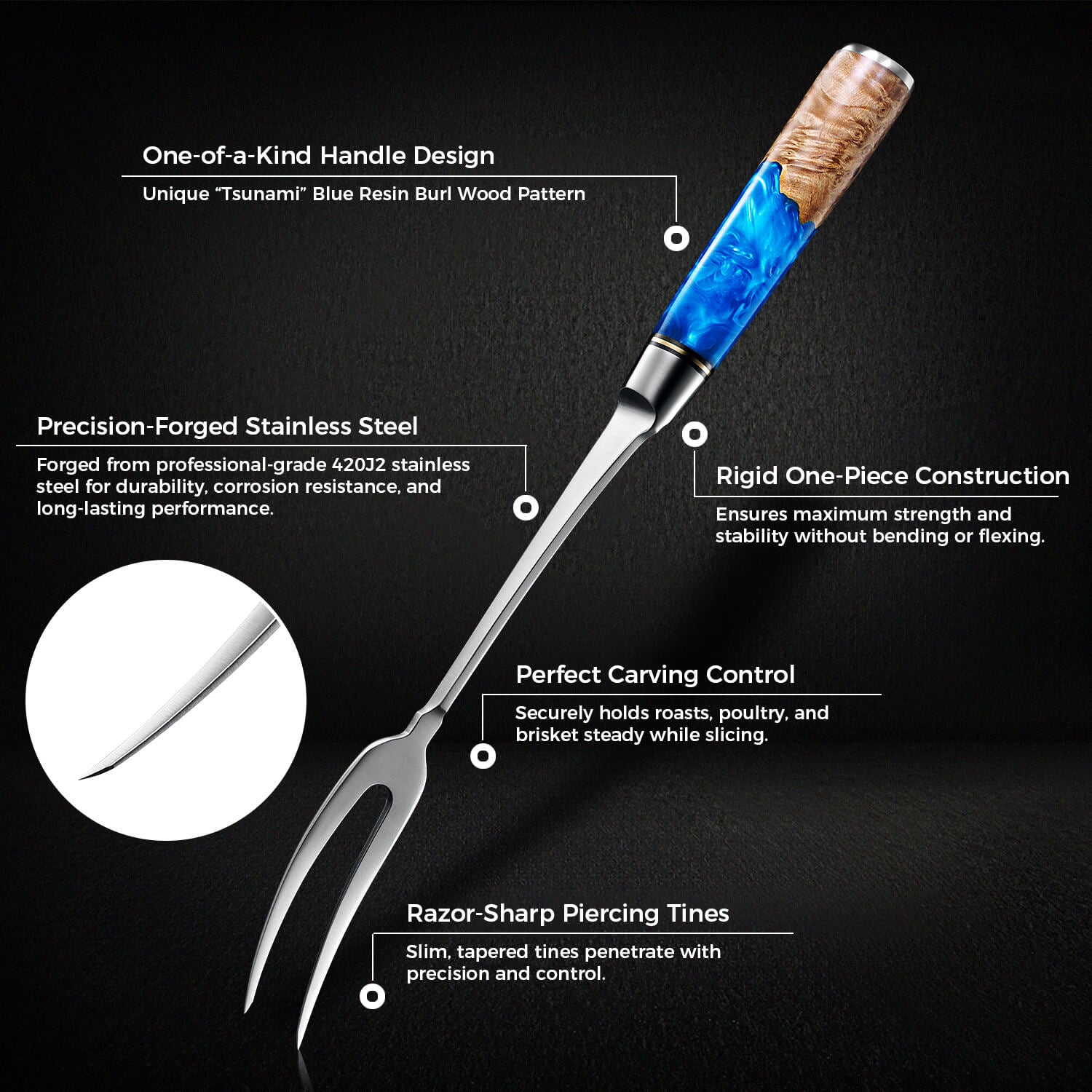 Carving fork with blue resin handle on a black background, featuring text about its design and features.