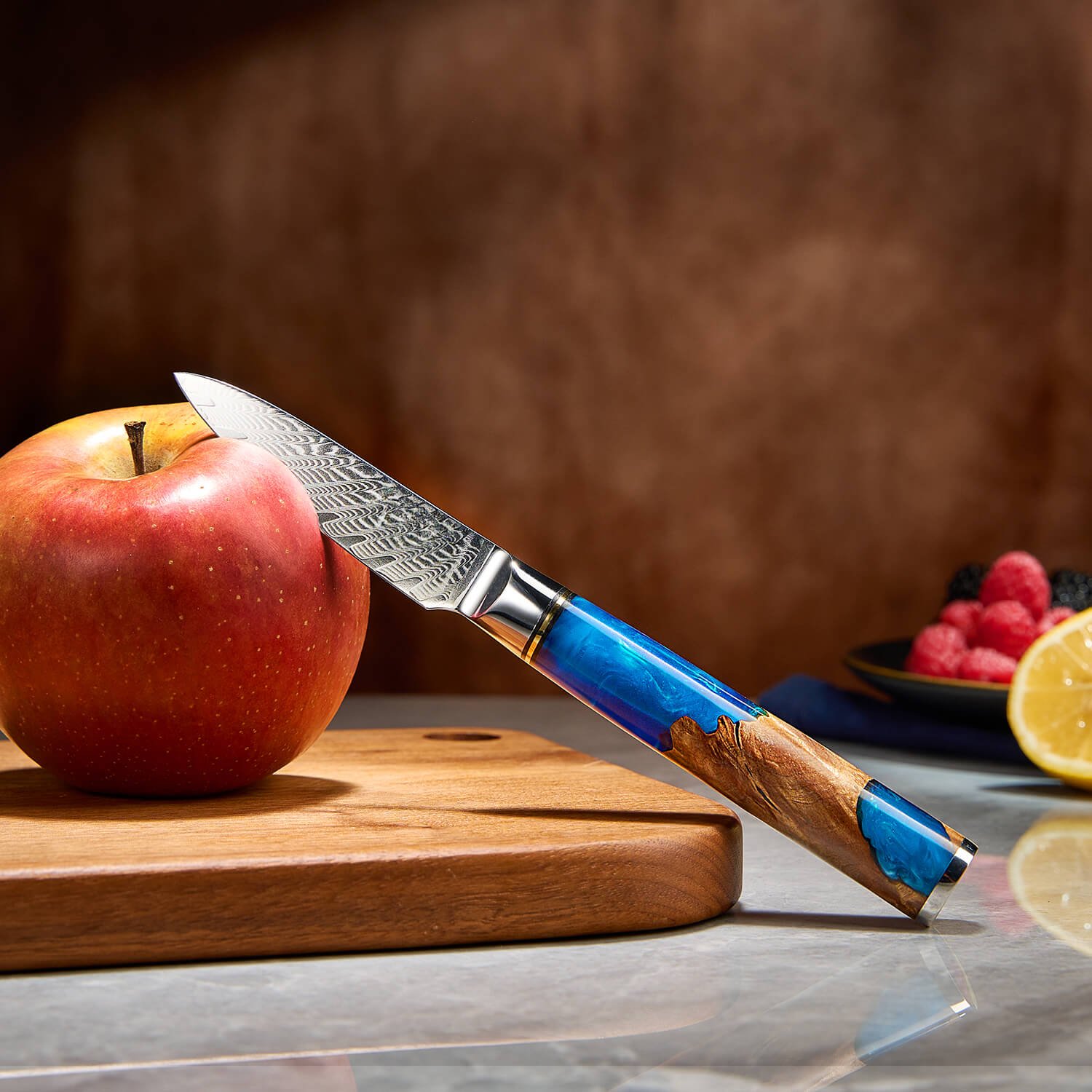 Tsunami Paring Knife Kitchen Lifestyle Shot Damascus Steel