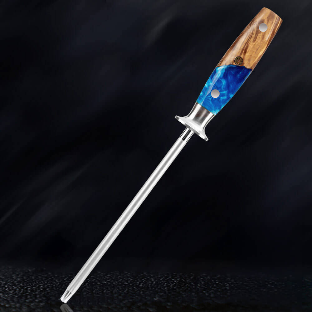 Tsunami Sharpening Steel — Emery Rod with Blue Resin Burl Wood Handle