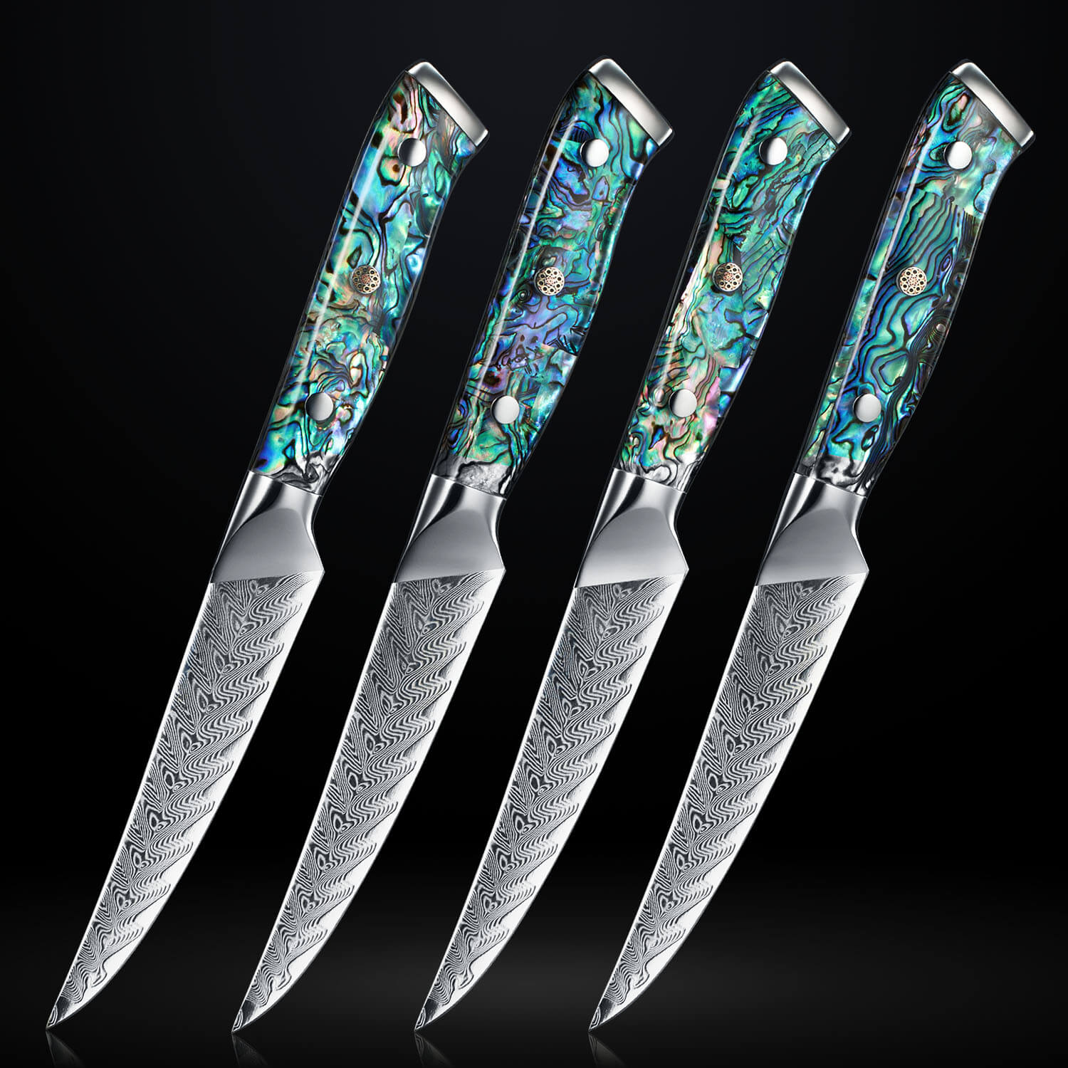 Umi 4-Piece Steak Knife Set Damascus Steel Abalone Shell Green Blue Handle