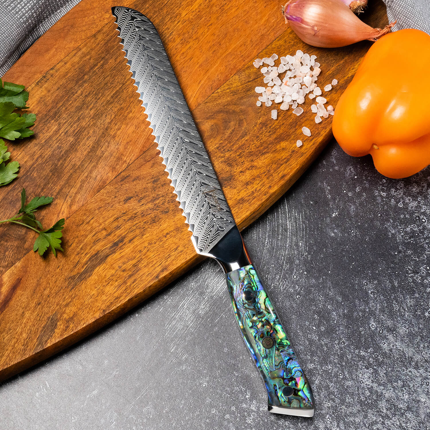 Umi Damascus Japanese Steel Bread Knife Cutting Lifestyle 1