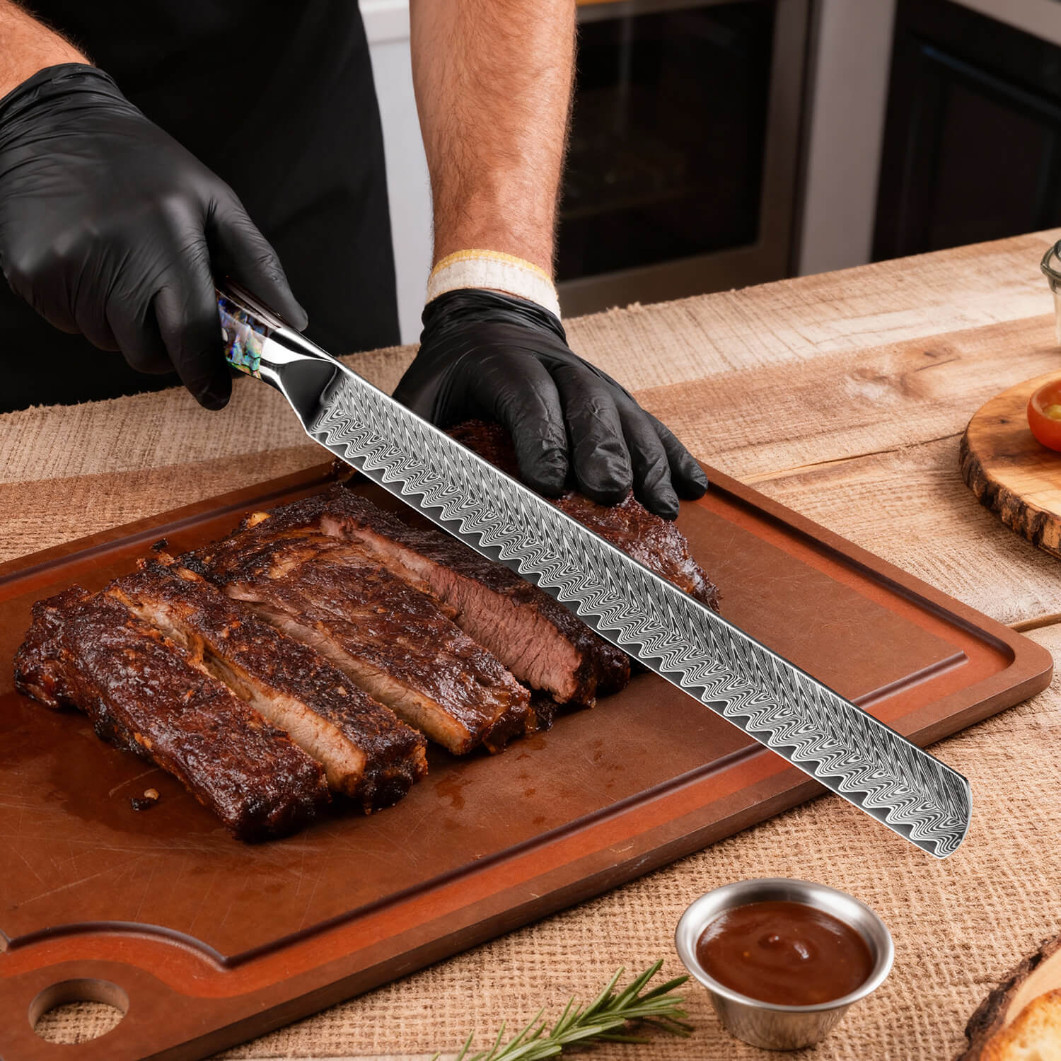 Damascus Steel Brisket Knife Cutting Through Brisket Abalone Shell Handle