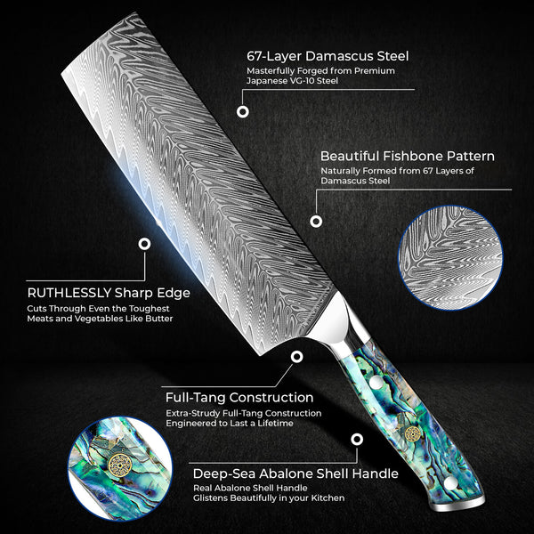 Abalone Shell Handle Cleaverr Knife Umi Damascus Steel Senken Knives 