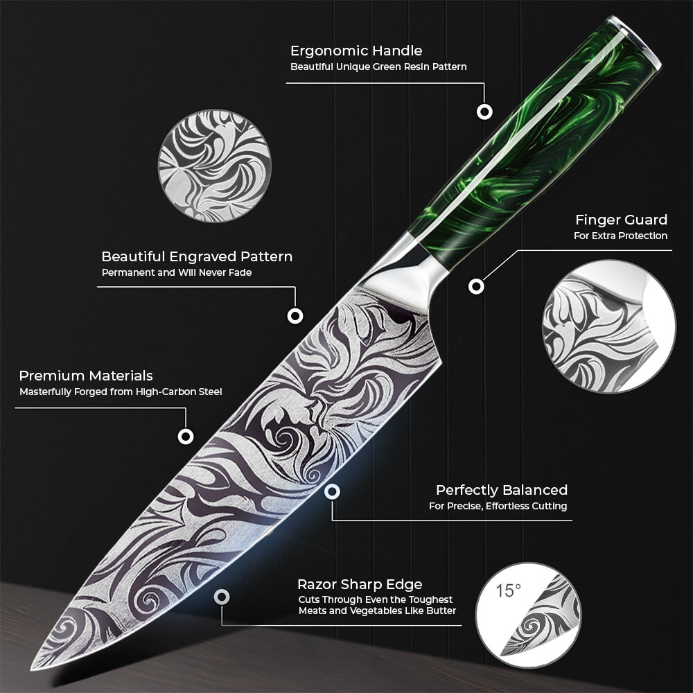 8-Piece Wasabi Japanese Kitchen Knife Collection Engraved Blades Green Resin Handles by Senken Knives Infographic