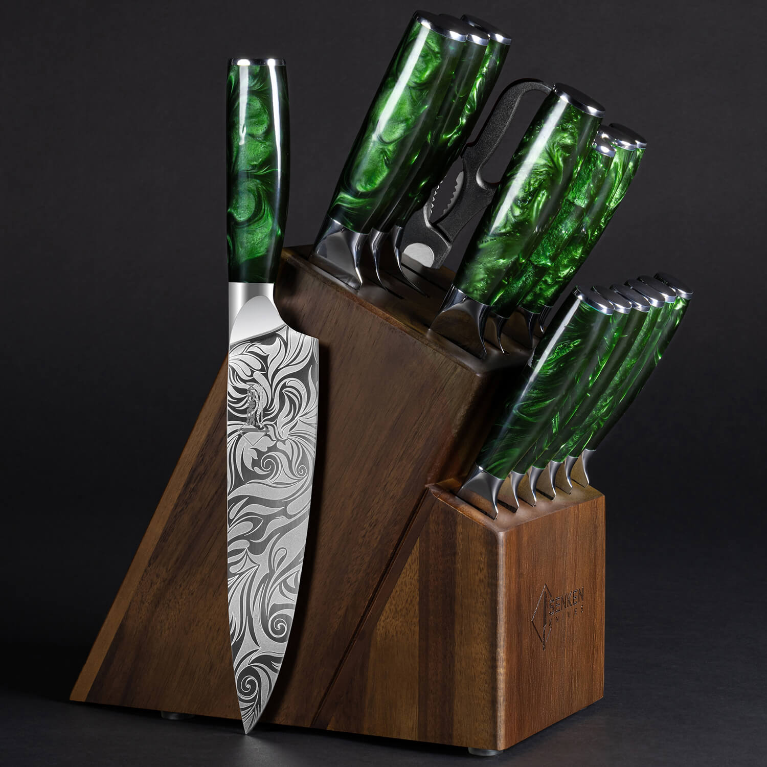 Wasabi 16 Piece Japanese Knife Block Set Green Resin Handles Main Image Dark BG