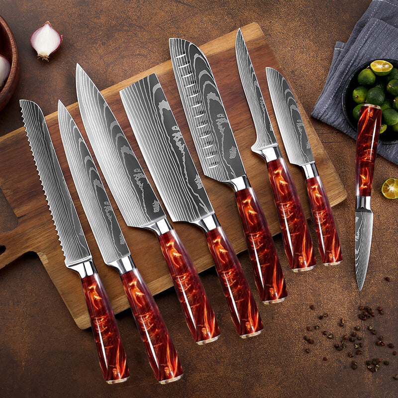 Crimson Red 8-Piece Knife Set Damascus Pattern on Kitchen Cutting Board