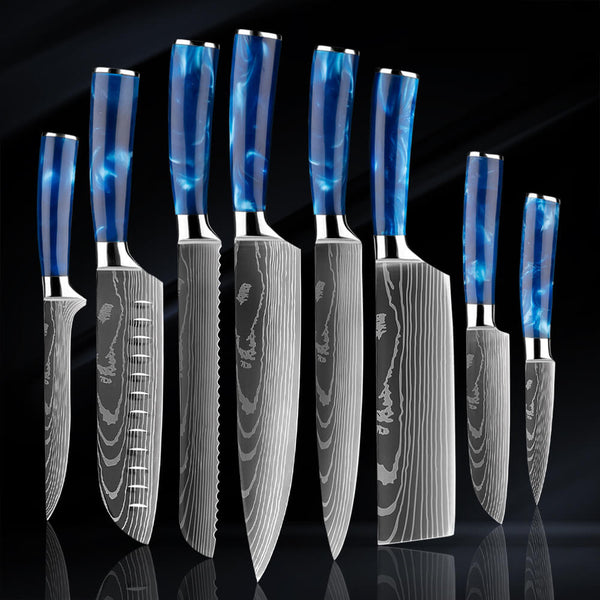  SENKEN 8-Piece Japanese Knife Set with Blue Resin Handle and  Laser Damascus Pattern - Cerulean Collection - Chef's Knife, Santoku Knife,  Bread Knife, Paring Knife, & More, Extremely Sharp Blades: Home