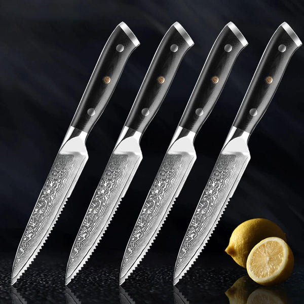 Ruthlessly Sharp Steak Knife Set With Gift Box Engraved Damascus Pattern  and Smoothly Finished Wood Handle Set of 4, Set of 6, Set of 8 
