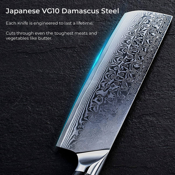 SENKEN Damascus Steak Knife Set - Tsunami Collection - 67-Layer Japanese  VG10 Steel - Razor Sharp Serrated Blades, Blue Resin & Natural Wood Pattern