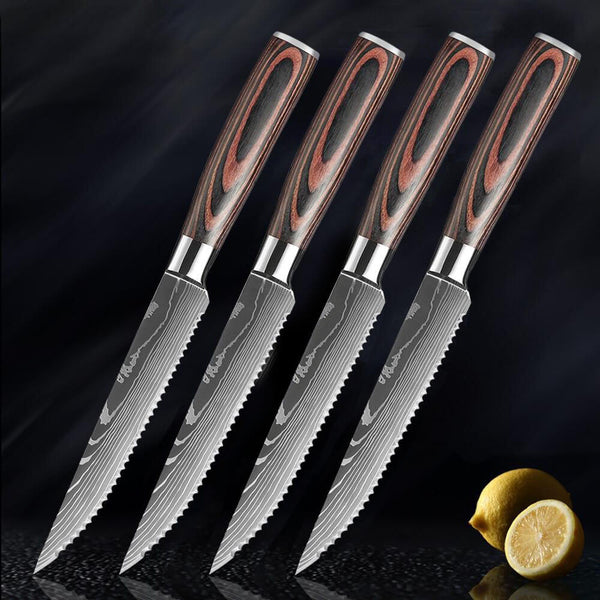  SENKEN Professional Steak Knife Set with Damascus Pattern -  Razor Sharp Serrated Stainless Steel & Wood Handle (Steak Knives Set of 6):  Home & Kitchen