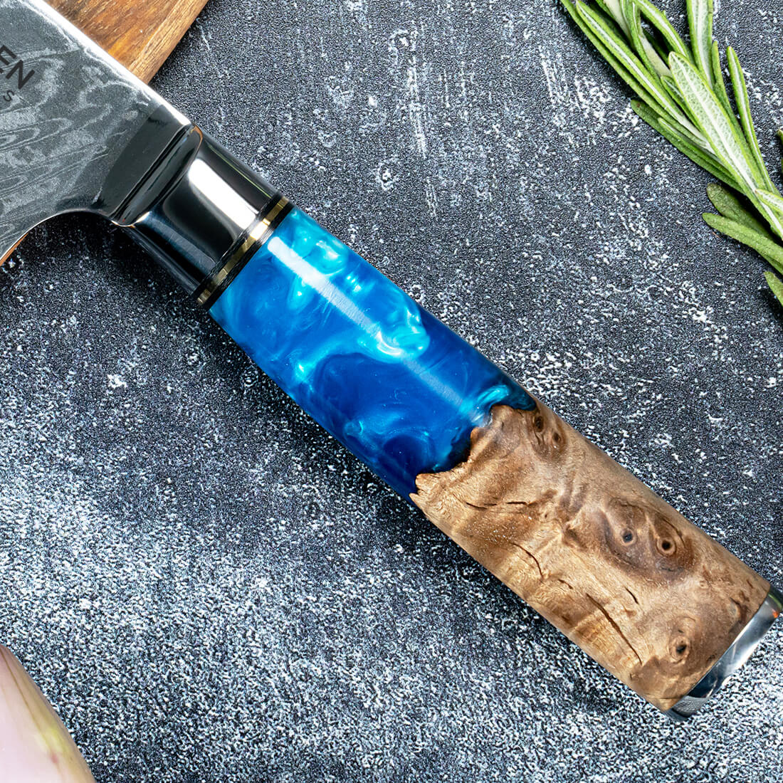 Tsunami Damascus Bread Knife Handle Closeup