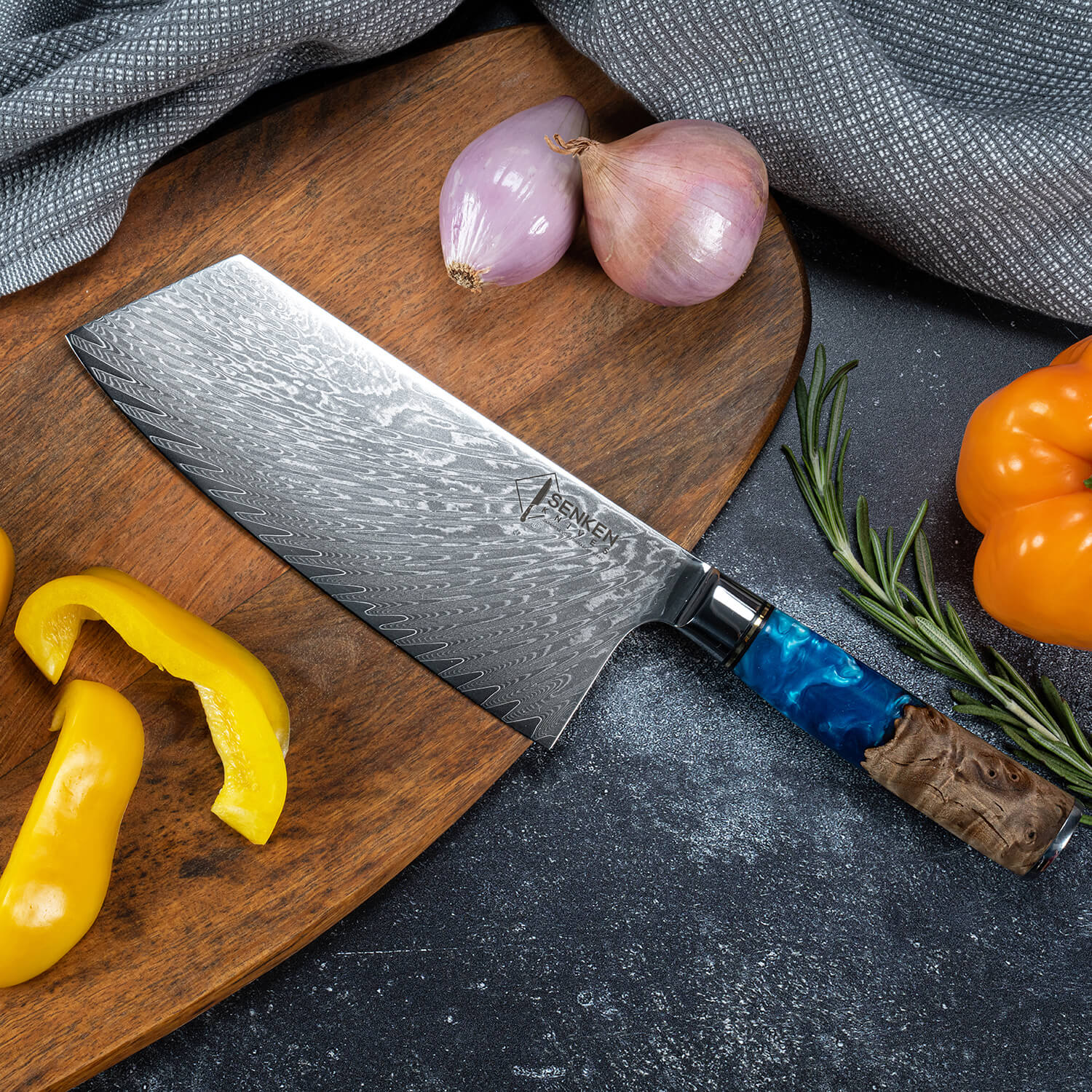 Senken Knives Tsunami Damascus Cleaver Blue Resin Handle