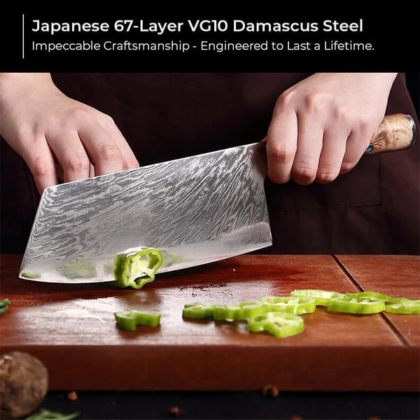 Tsunami Damascus Steel XL Cleaver Knife - Japanese VG10 Steel – Senken  Knives