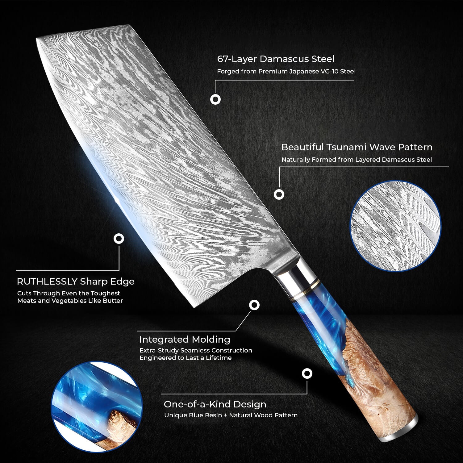 Tsunami Damascus Cleaver Knife Blue Resin Handle Senken