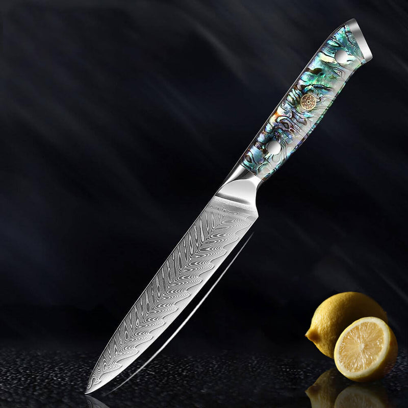 Umi Japanese Damascus Steel 5 Inch Utility Knife with Abalone Shell Handle