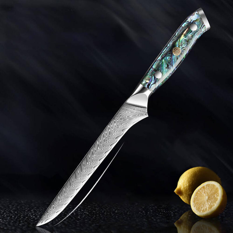 Umi Japanese Damascus Steel 6 Inch Boning Filet Knife with Abalone Shell Handle