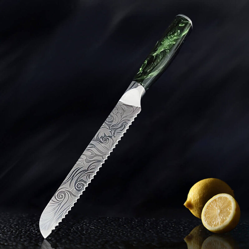 Beautiful Engraved Japanese Bread Knife Wasabi Senken Knives Green Resin Wood Handle