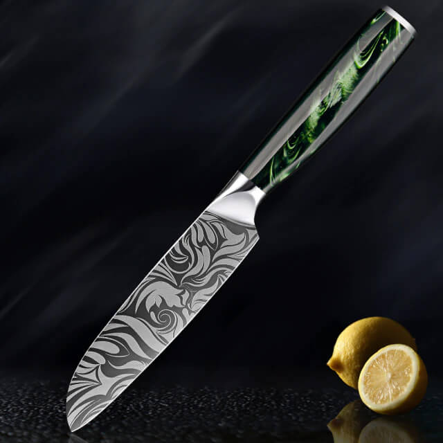 Beautiful Engraved Japanese 5 Inch Santoku Knife Wasabi Senken Knives Green Resin Wood Handle