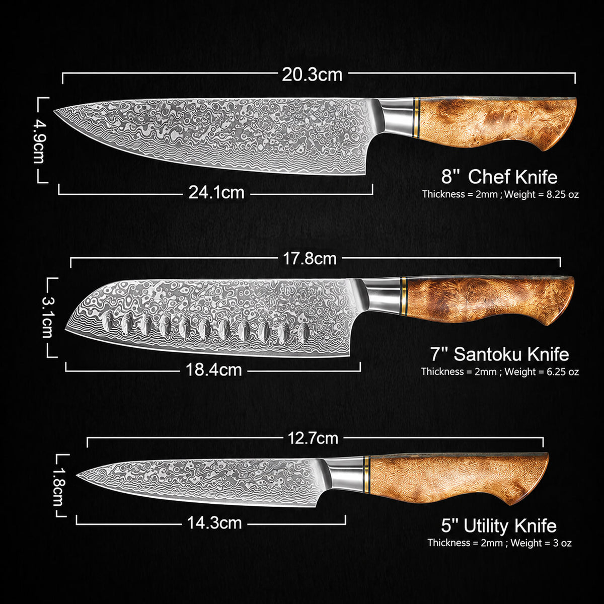 Three kitchen knives shown on a black background with measurement labels and sizes: an 8-inch chef knife, a 7-inch santoku knife, and a 5-inch utility knife, each with dimensions and weight text.