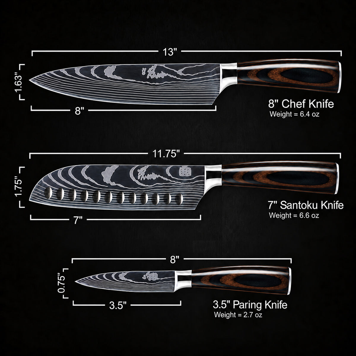 Three kitchen knives shown on a black background with size and weight labels: an 8-inch chef knife, a 7-inch santoku knife, and a 3.5-inch paring knife.