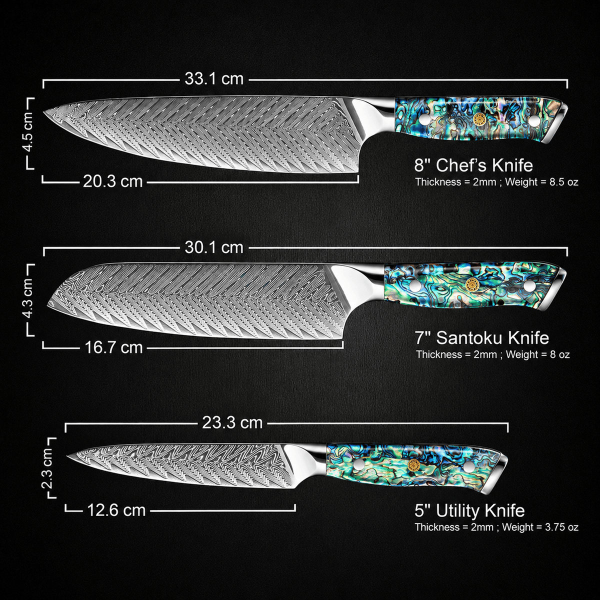 Three kitchen knives shown on a black background with measurement labels and text: an 8-inch chef's knife 33.1 cm, a 7-inch Santoku knife 30.