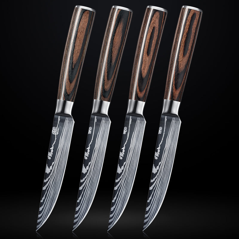 4 Piece Steak Knife Set with Damascus Pattern and Pakka Wood Handle Senken Knives