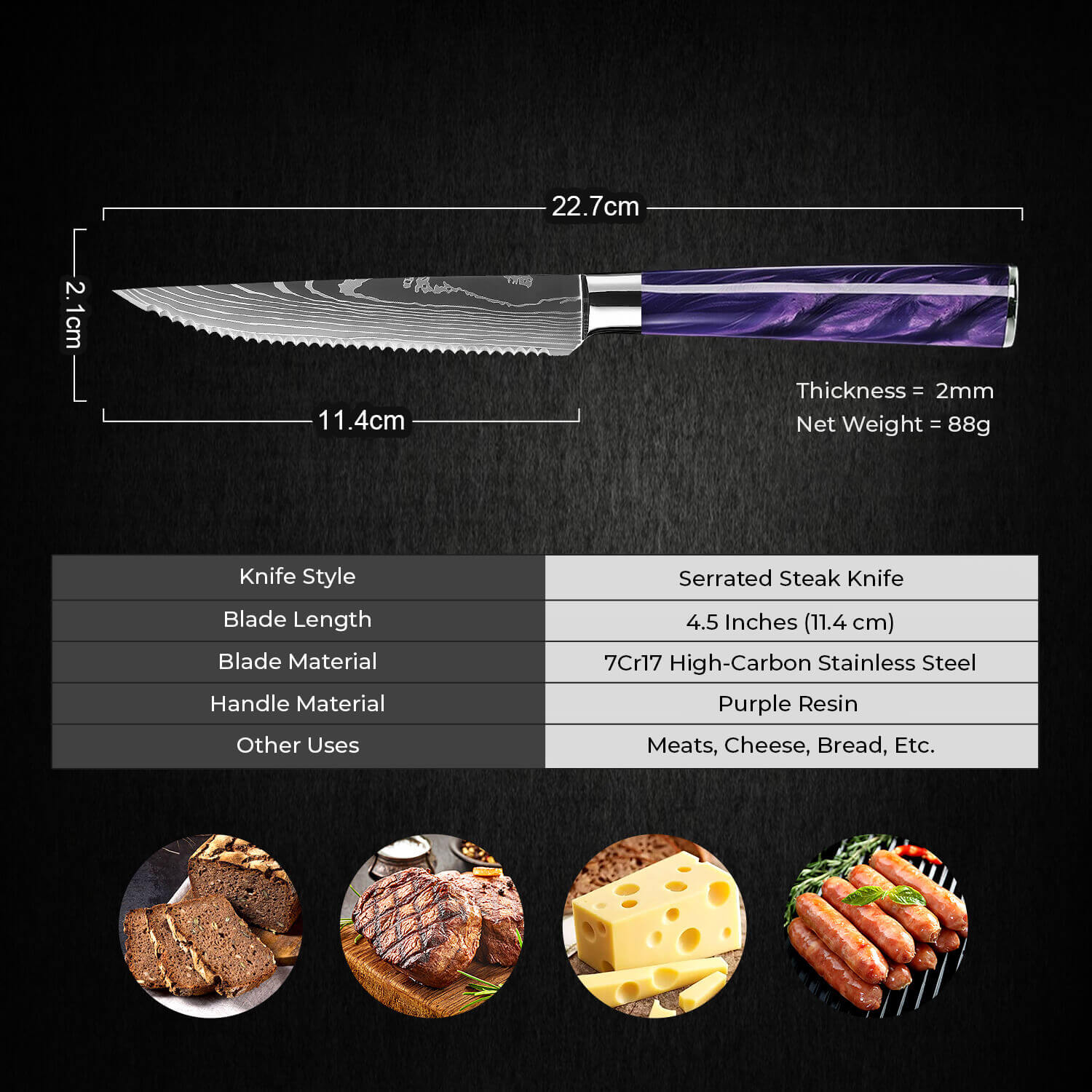 Amethyst Steak Knife Measurements