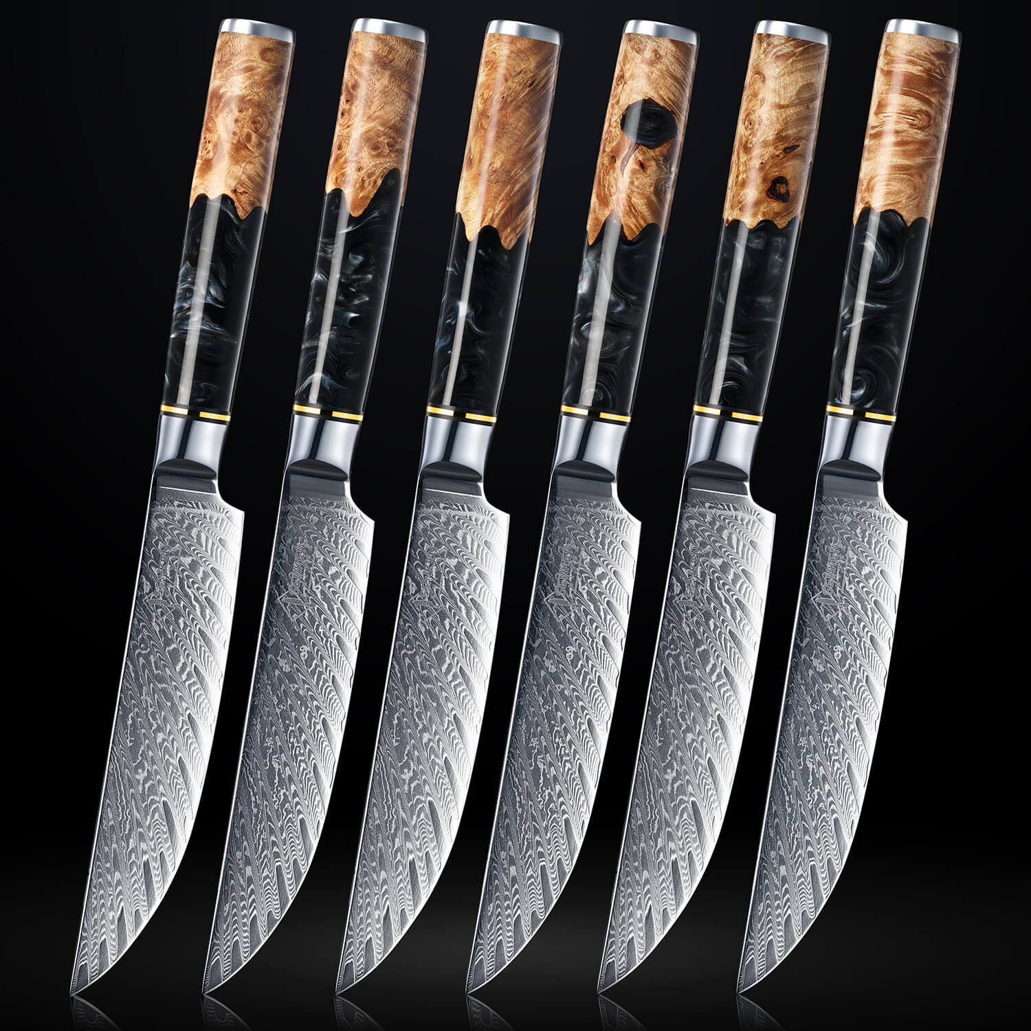 6-Piece Black Tsunami Steak Knife Set Japanese VG10 Damascus Steel Non-serrated