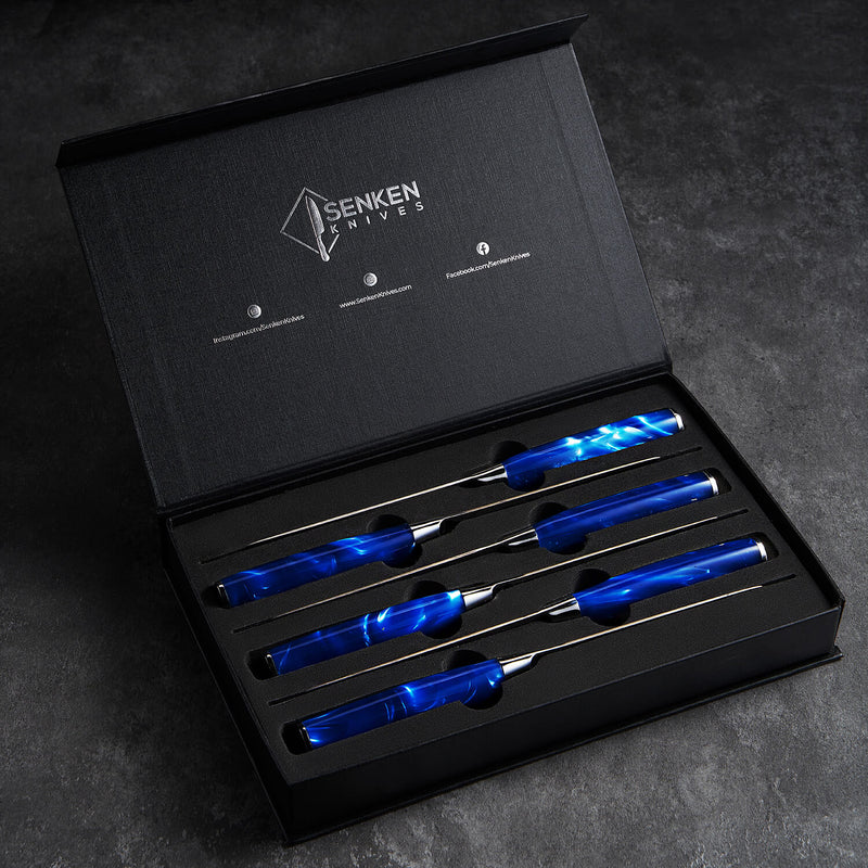 6-Piece Cerulean Blue Resin Handle Steak Knife Set by Senken Knives Luxury Gift Box