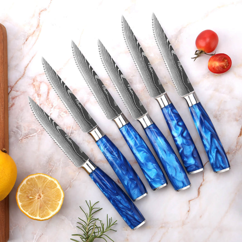 6-Piece Cerulean Blue Resin Handle Steak Knife Set by Senken Knives Kitchen Lifestyle