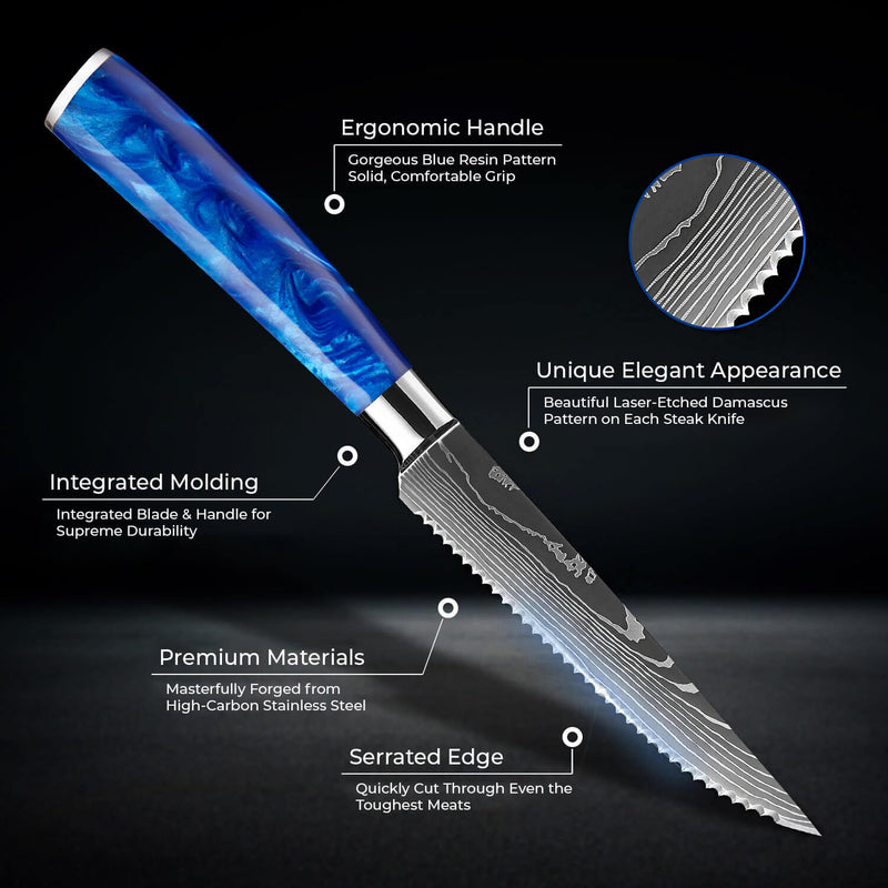 6-Piece Cerulean Blue Resin Handle Steak Knife Set by Senken Knives Infographic