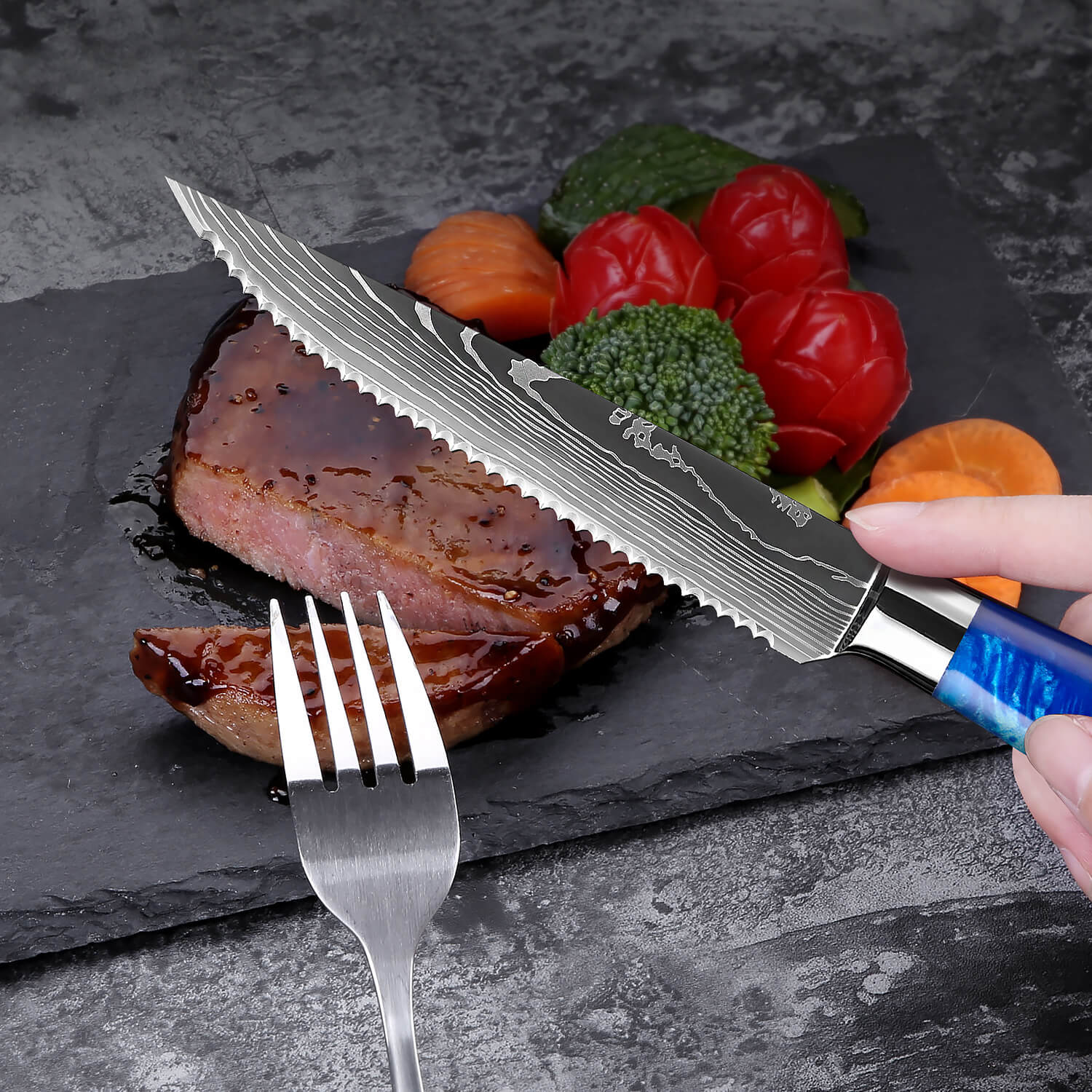 6-Piece Cerulean Blue Resin Handle Steak Knife Set by Senken Knives Cutting Meat