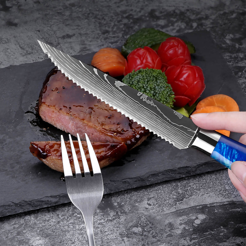 6-Piece Cerulean Blue Resin Handle Steak Knife Set by Senken Knives Cutting Meat
