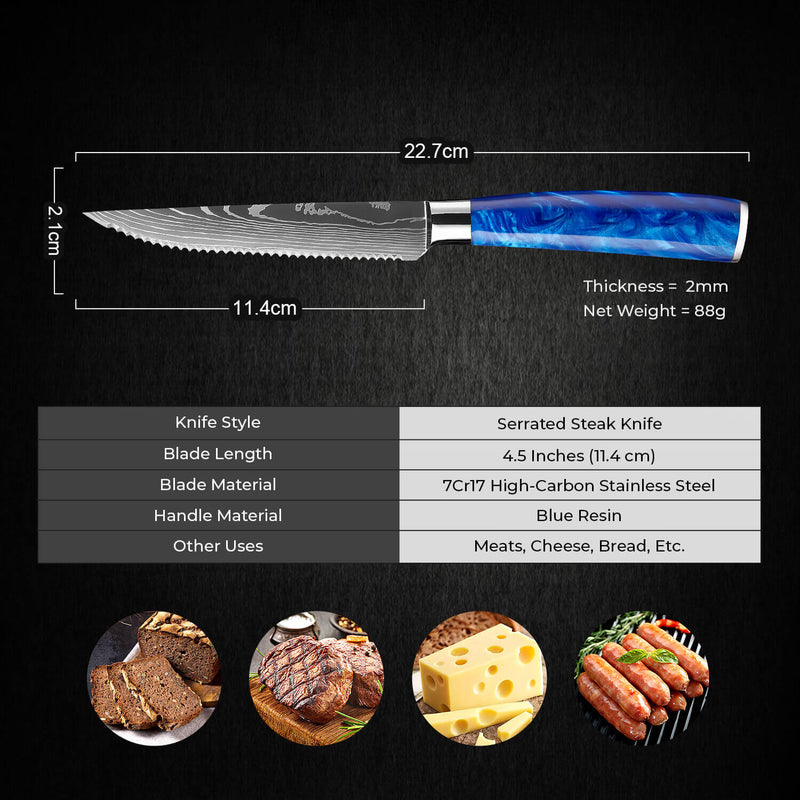 6-Piece Cerulean Blue Resin Handle Steak Knife Set by Senken Knives Length Material