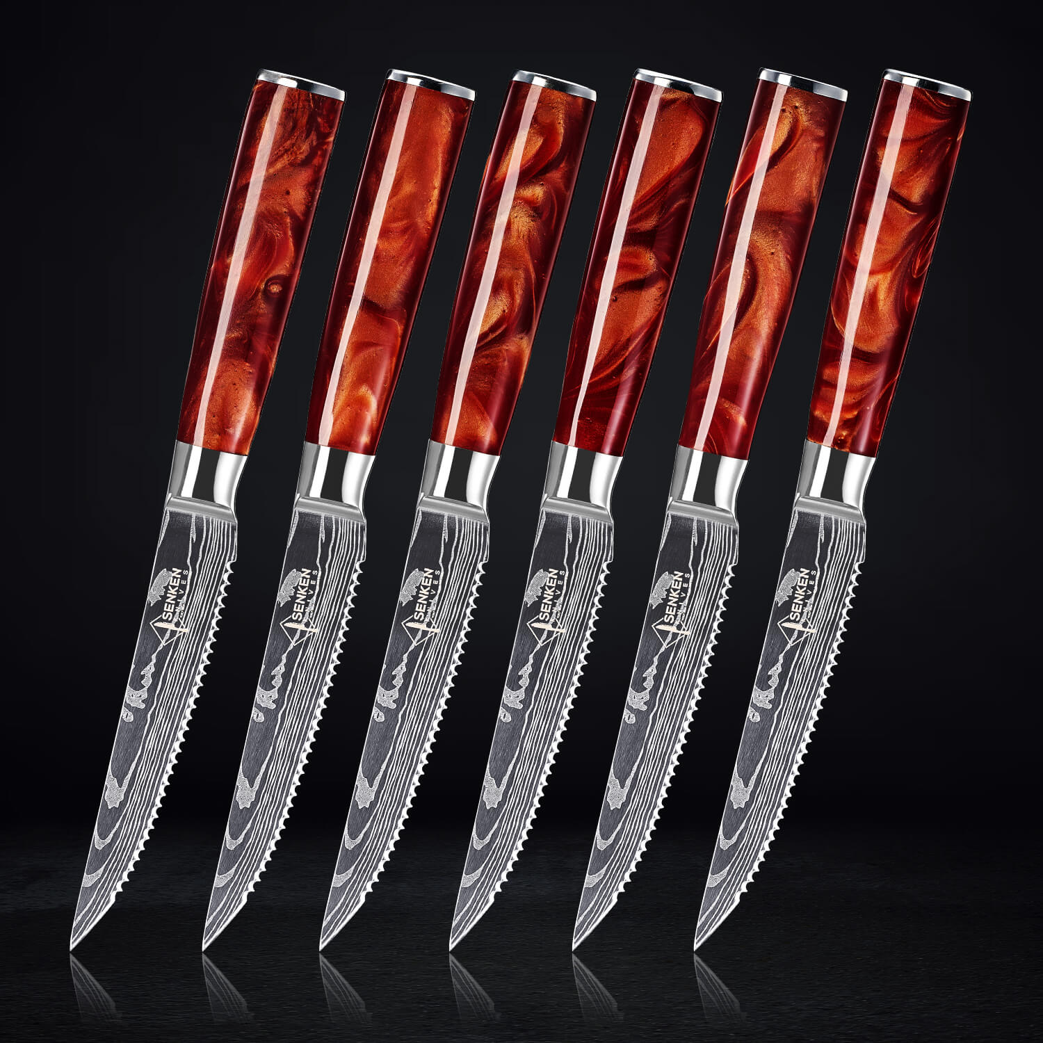 Senken Knives Crimson Red Steak Knives Damascus Pattern Wooden Handle