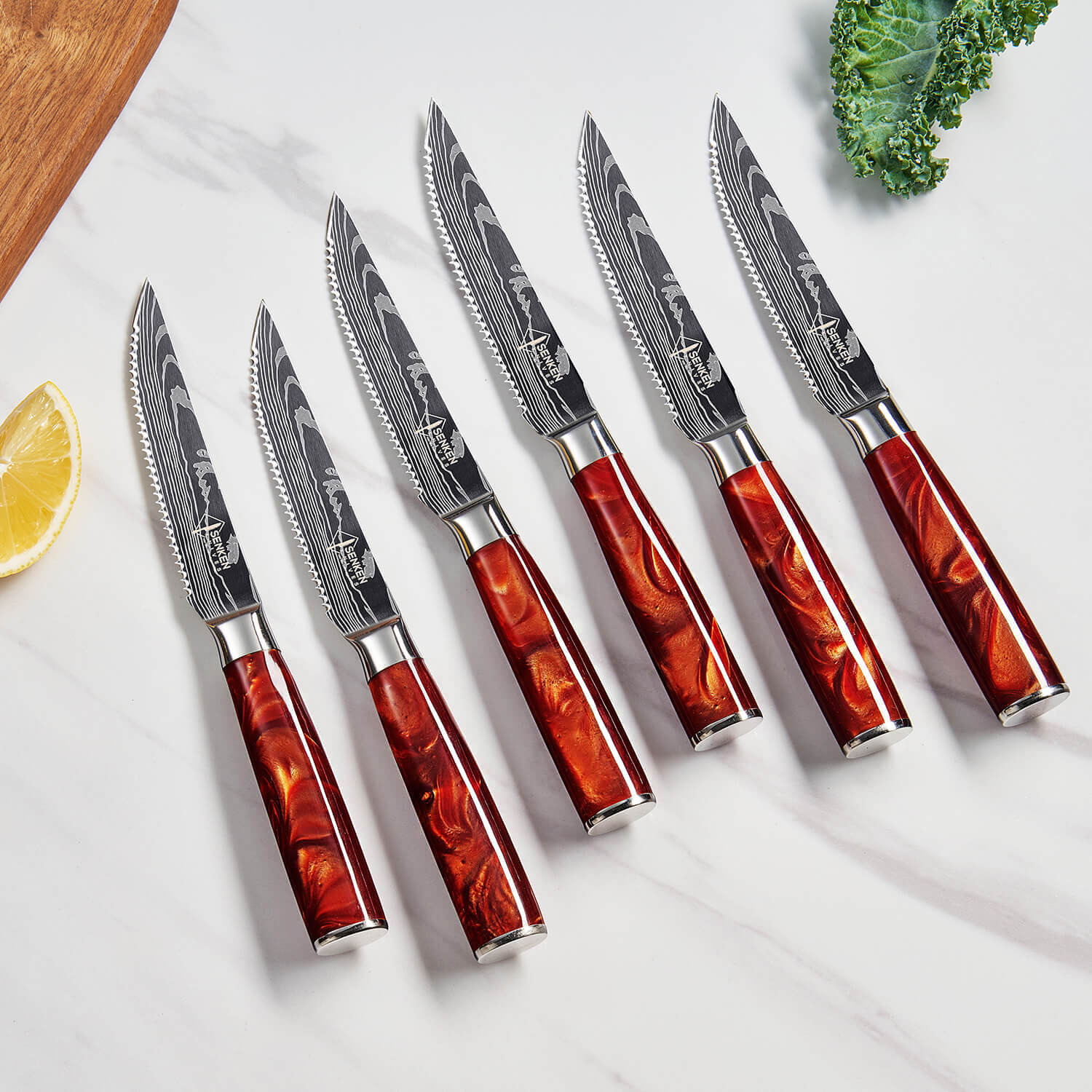 6-Piece Senken Knives Crimson Steak Knife Set Red Resin Handle Damascus Pattern Kitchen Lifestyle