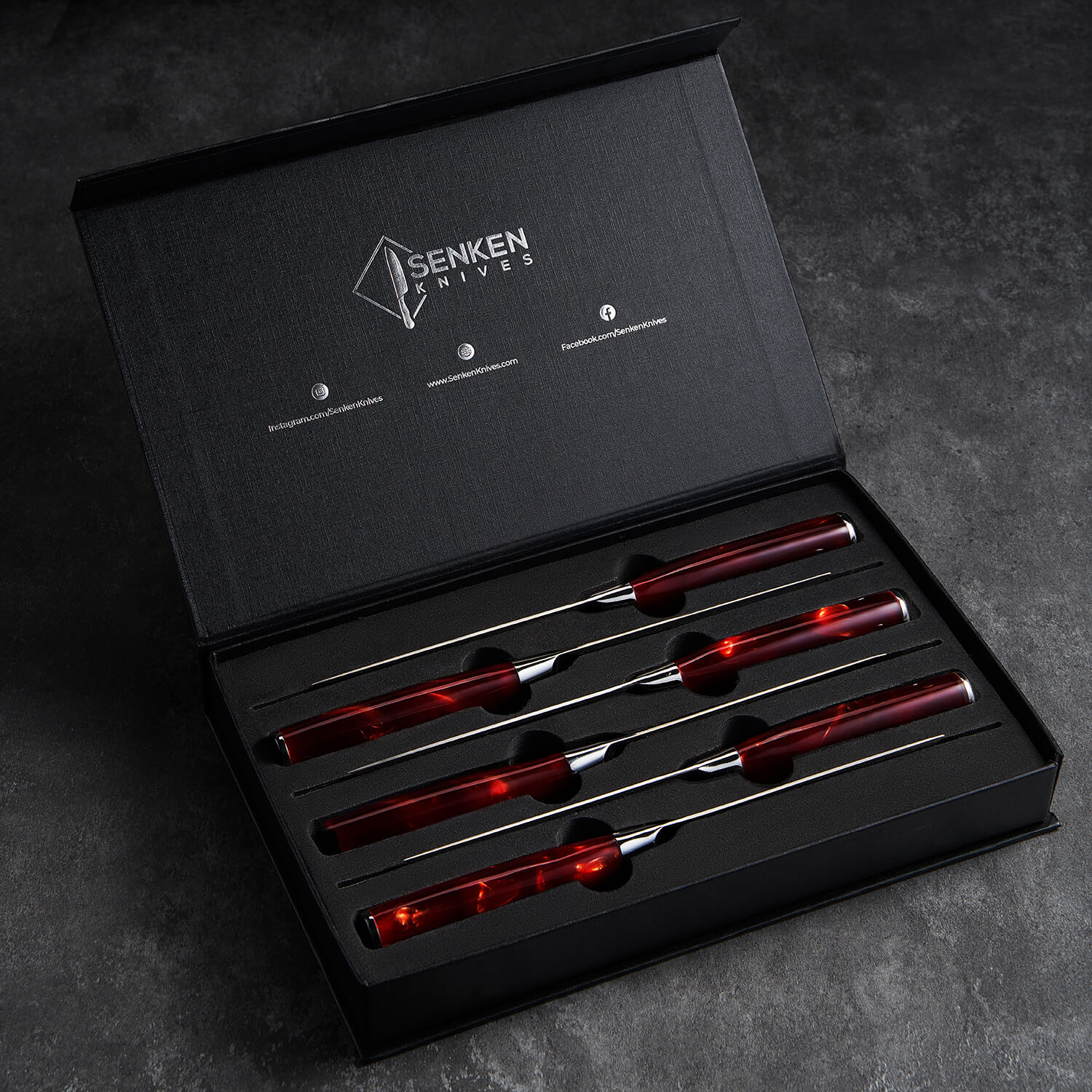 6-Piece Senken Knives Crimson Steak Knife Set Red Resin Handle Damascus Pattern Luxury Gift Box