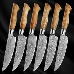 Dynasty 6-Piece Damascus Steak Knife Set with Light Brown Sycamore Wood Handles 67-Layer VG10 Japanese Steel Main Image Dark