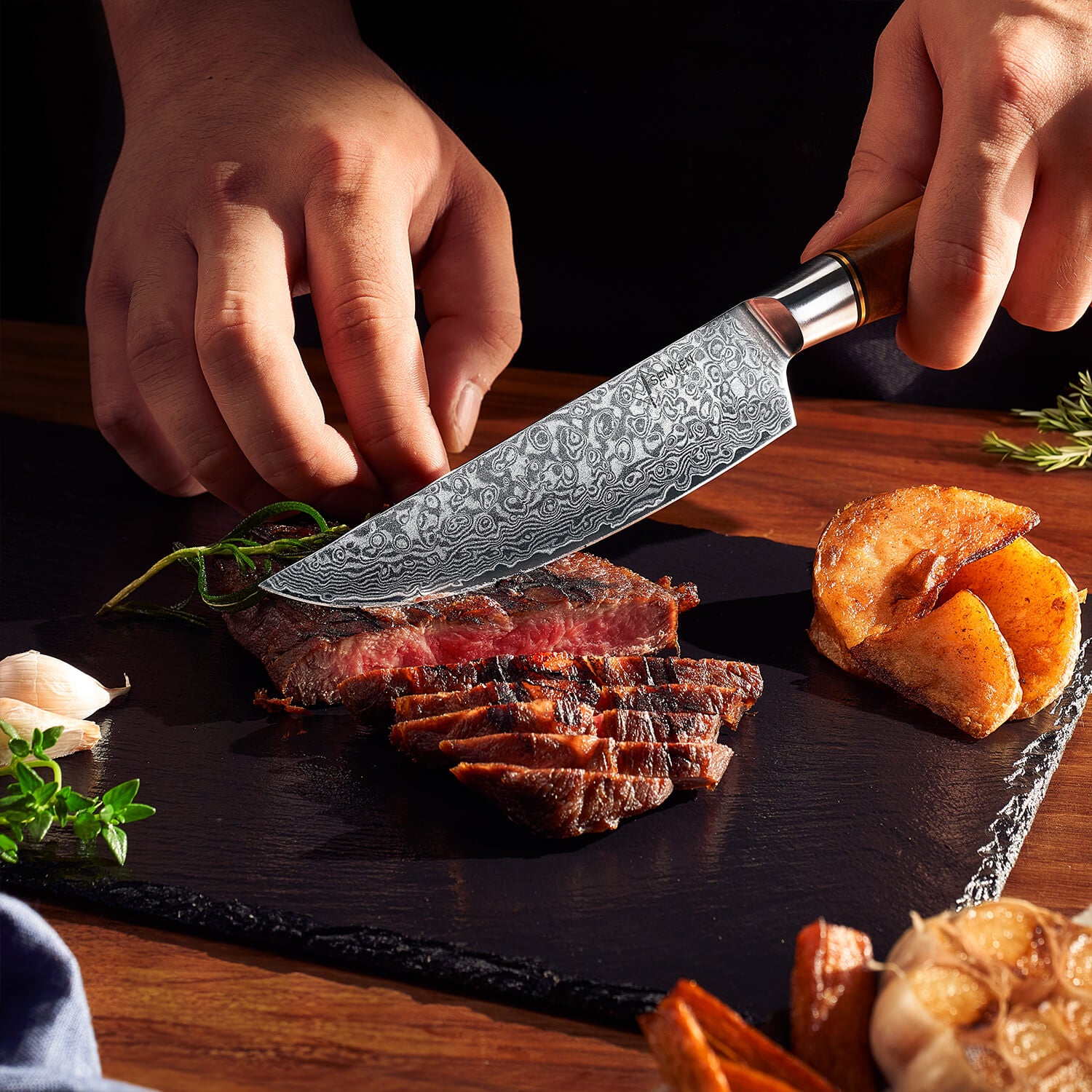 Dynasty Steak Knife Set — Japanese VG10 Damascus Steel with Sycamore W
